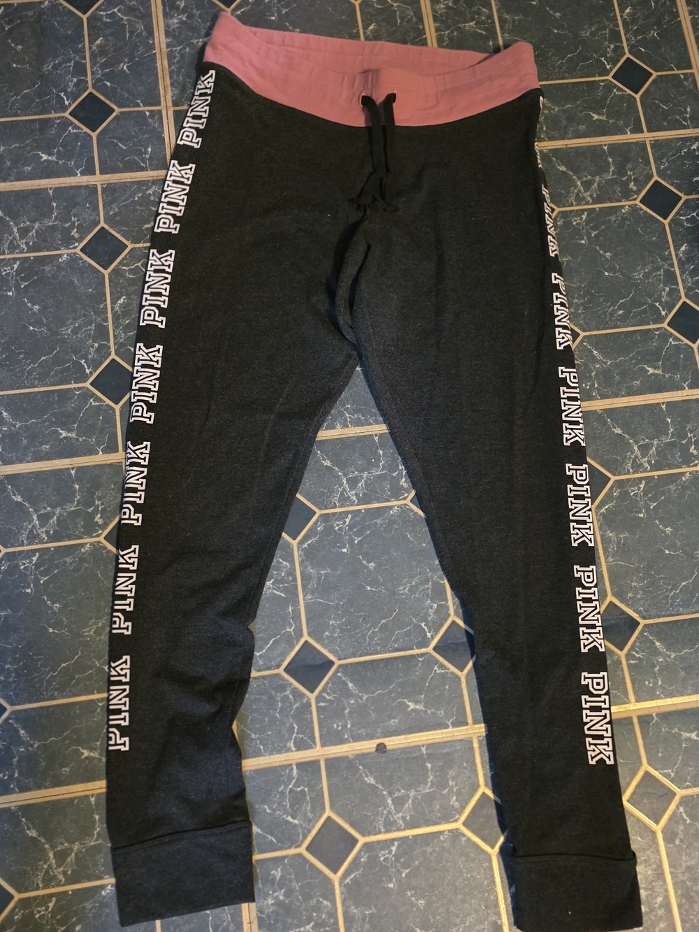 PINK Victoria's Secret Womans Black Jogger Pants with Pink Waistband